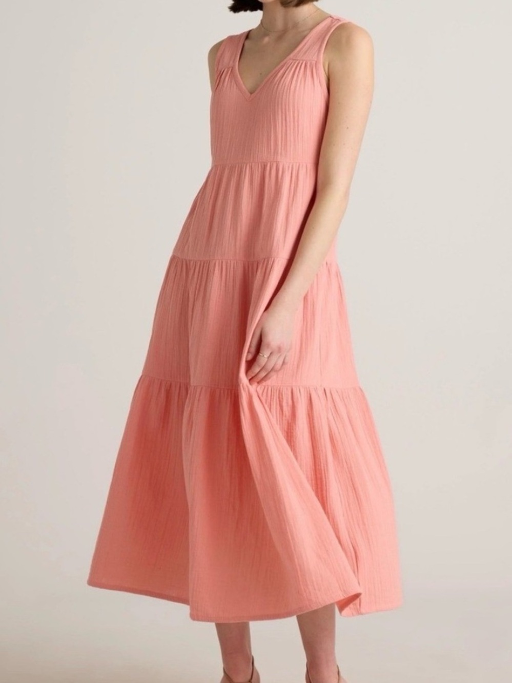 Quince Organic Cotton Gauze Tiered Maxi Dress — Coral Pink Size Small